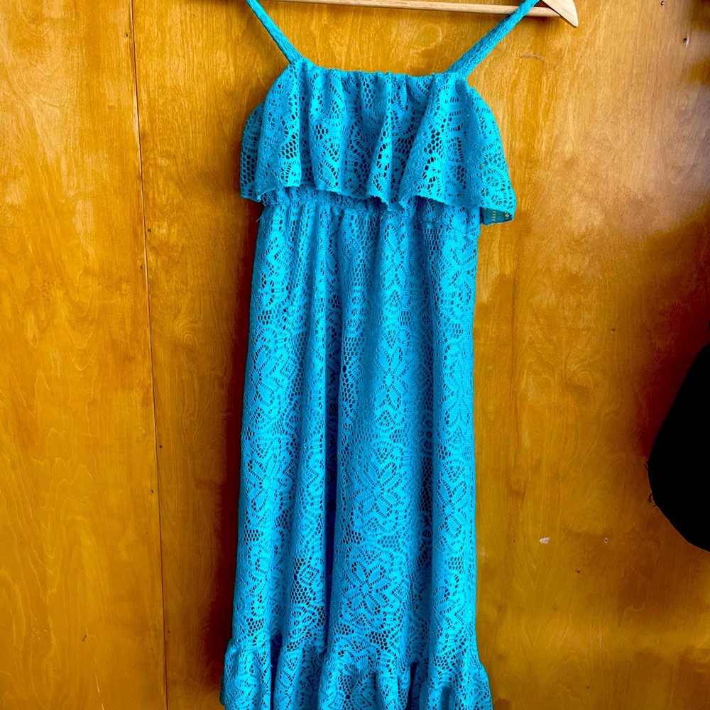 Girls Large Long Spaghetti Strapped Teal Dress